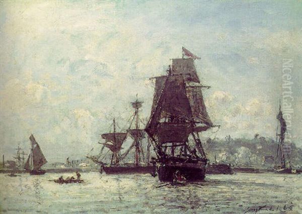 Les Grands Voiliers A Honfleur (le Port De Honfleur) Oil Painting by Johan Barthold Jongkind