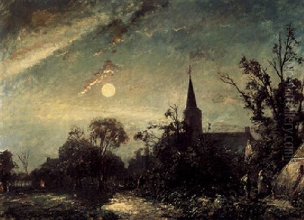 Clair De Lune, Le Clocher Du Village Oil Painting by Johan Barthold Jongkind