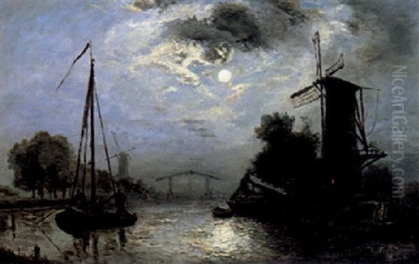 Riviere Sous La Lune, Hollande Oil Painting by Johan Barthold Jongkind