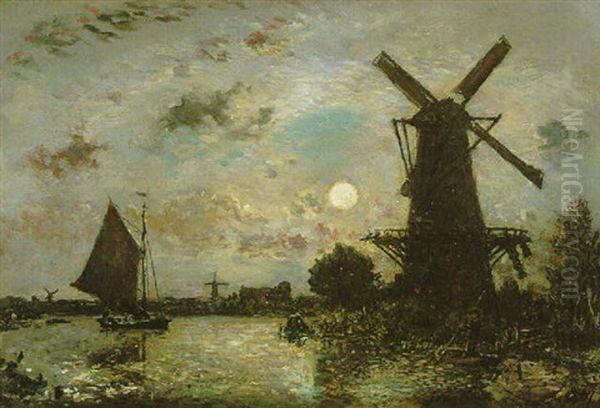 Canal Et Moulin Au Clair De Lune En Hollande Oil Painting by Johan Barthold Jongkind