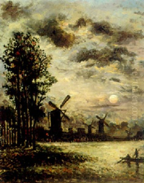 Windmills On A Moonlit Canal Oil Painting by Johan Barthold Jongkind