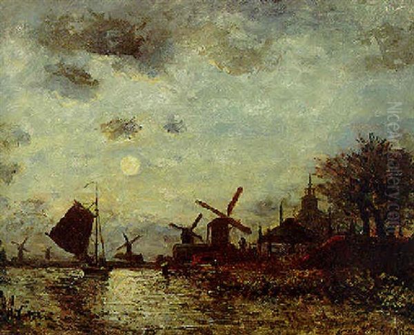 Moulins A Nuit Au Clair De Lune Oil Painting by Johan Barthold Jongkind