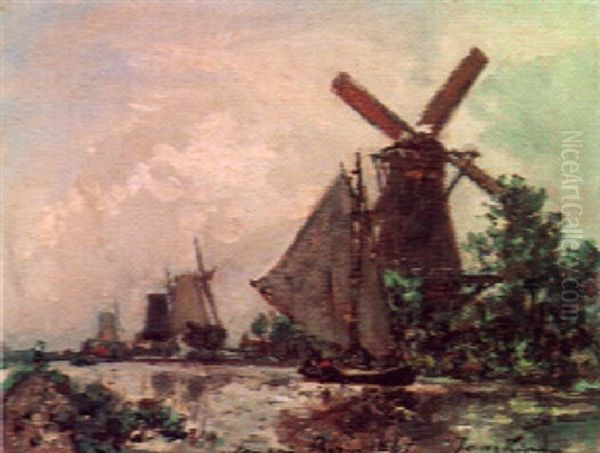 A Windmill In A Riverside Seascape Oil Painting by Johan Barthold Jongkind