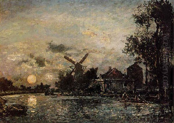 Canal En Hollande Au Clair De Lune Oil Painting by Johan Barthold Jongkind