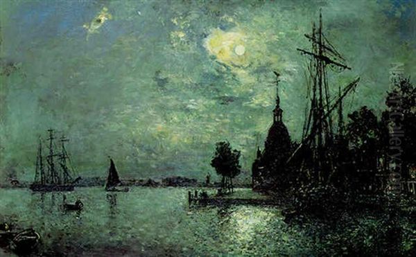 Vue De Dordrecht, Clair De Lune Oil Painting by Johan Barthold Jongkind