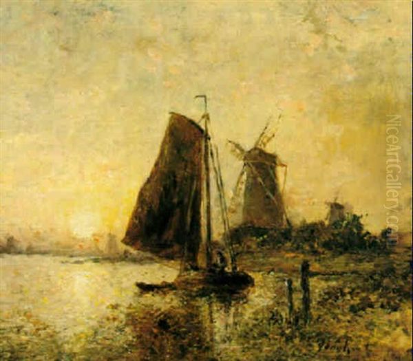 A Fishing Boat And Windmill At Sunset Oil Painting by Johan Barthold Jongkind