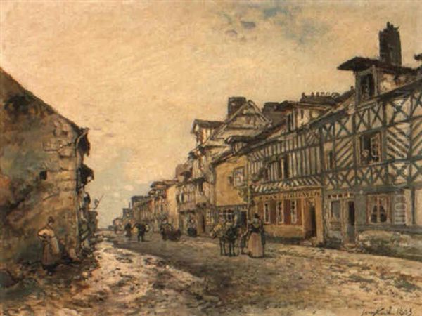 Rue De Honfleur Oil Painting by Johan Barthold Jongkind