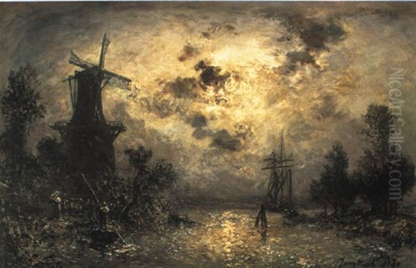 A Moonlit River Landscape Oil Painting by Johan Barthold Jongkind