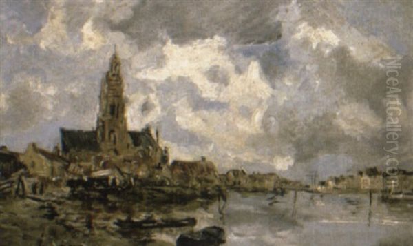 A River Estuary Oil Painting by Johan Barthold Jongkind