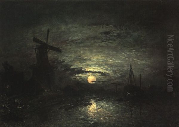 Moulin Au Bord D'une Riviere Au Clair De Lune by Johan Barthold Jongkind