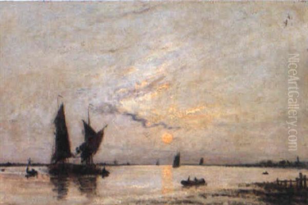 Barques De Peches Au Coucher De Soleil Oil Painting by Johan Barthold Jongkind