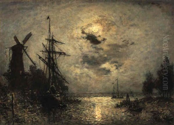 Canal Near Dordrecht In Moonlight Oil Painting by Johan Barthold Jongkind