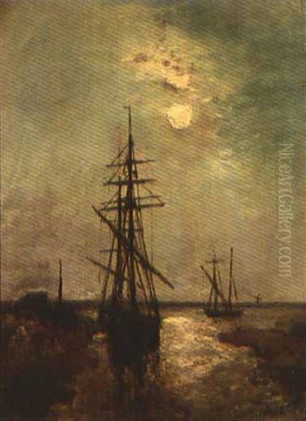 A Moonlit Harbor Oil Painting by Johan Barthold Jongkind