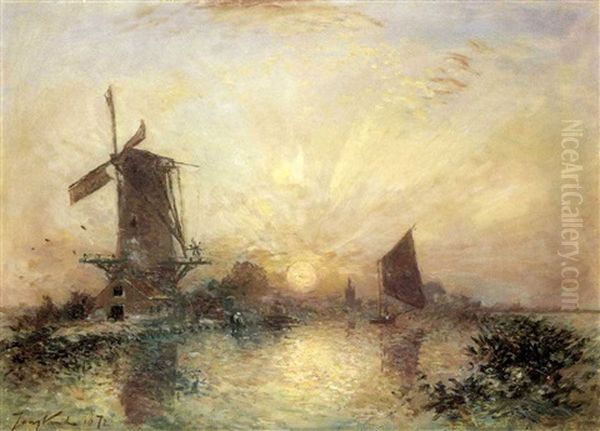 Moulin Pres D'overschie, Soleil Chouchant Oil Painting by Johan Barthold Jongkind