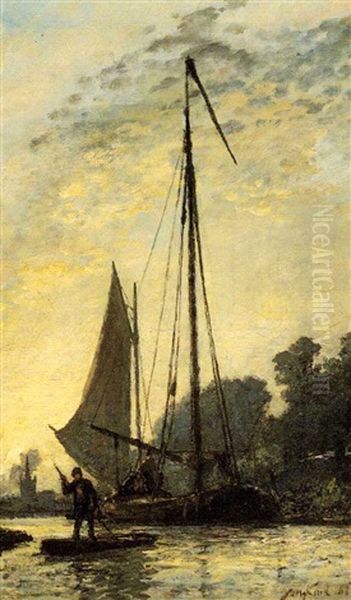 Bateau Sur Un Canal Oil Painting by Johan Barthold Jongkind