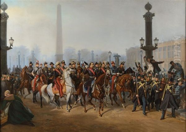 Le Prince President Louis Napoleon Bonaparte En Compagnie Du Prince Jerome Accompagne De Son Etat-major Passant En Revue La Gendarmerie Mobile, Acclame Par La Foule, Place De La Concorde, Le 2 Decembre 1851 Oil Painting by Victor-Philippe-A. de Jonquieres