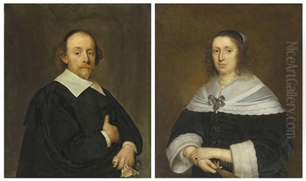 Portrait Of A Gentleman, Half-length, In A Black Coat And Cloak; And Portrait Of A Lady, Half-length, In A Black Gown And A Lace-trimmed Flat Collar And Cuffs Oil Painting by Cornelis Jonson Van Ceulen