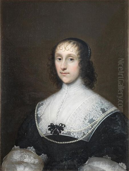 Portrait Of A Lady, Said To Be Mary Digges, Bust-length, In A Black Dress With A White Collar And Pearl Necklace Oil Painting by Cornelis Jonson Van Ceulen