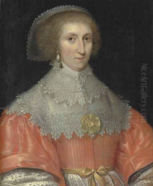 Portrait Of A Lady, Traditionally Identified As Lucy Russell, Countess Of Bedford, In A Pink Bodice With A Yellow Ribbon Sash Oil Painting by Cornelis Jonson Van Ceulen