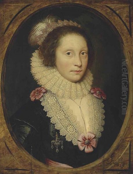 Portrait Of A Lady, Traditionally Identified As Lady Corbett, Half-length, In A Black Dress Adorned With Pink Rosettes And A Reticella Lace Collar, Cartwheel Ruff And Headdress, In A Feigned Oval Oil Painting by Cornelis Jonson Van Ceulen