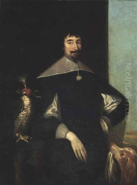 Portrait Of A Gentleman, Three-quarter-length, In A Black Doublet And A White, Standing Collar Leaning Against A Balustrade, With A Falcon And A Pointer Oil Painting by Cornelis Jonson Van Ceulen