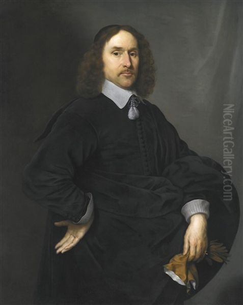 Portrait Of A Gentleman, Half Length, Dressed In Black, Holding A Pair Of Tan Gloves Oil Painting by Cornelis Jonson Van Ceulen