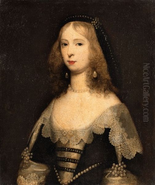 Portrait Of A Lady In Pearl Jewellery Oil Painting by Cornelis Jonson Van Ceulen