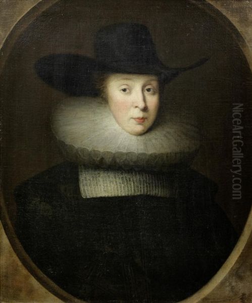 Portrait Of Frances, Lady Robinson, Half-length, In A Black Dress And Hat, Within A Painted Oval Oil Painting by Cornelis Jonson Van Ceulen