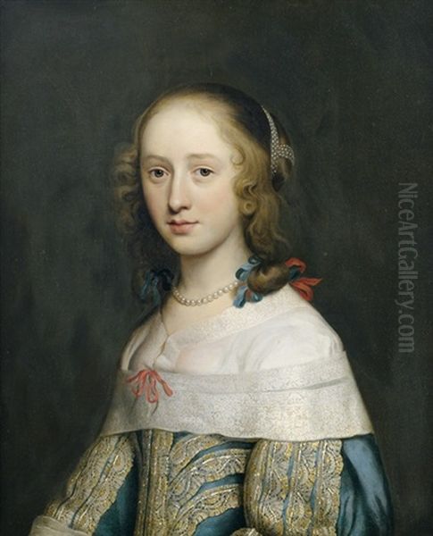 Bildnis Einer Jungen Adeligen Dame In Einem Turkisfarbenen Kleid Mit Brokatstickerei Und Spitzenabschluss Als Halbfigur Oil Painting by Cornelis Jonson Van Ceulen