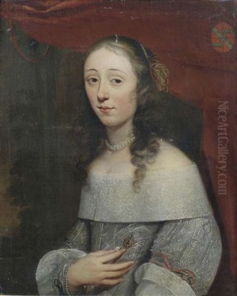 Bildnis Einer Jungen Adeligen Dame Als Halbfigur Vor Einem Fenster. Sie Tragt Ein Graues, Perlenbesticktes Kleid Mit Spitzenabschluss. Oben Rechts Wappendarstellung Oil Painting by Cornelis Jonson Van Ceulen