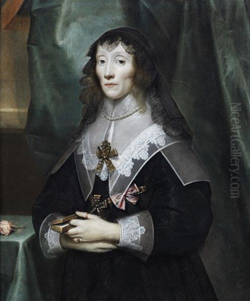 Portrait Of Queen Henrietta Maria In Mourning, Half-length Oil Painting by Cornelis Jonson Van Ceulen