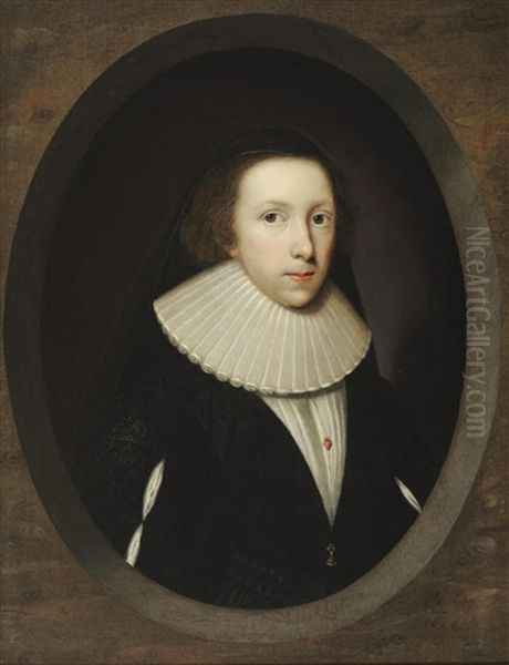 Portrait Of A Young Lady, Wearing A Black Dress And Lace Ruff, With Black Veil Oil Painting by Cornelis Jonson Van Ceulen