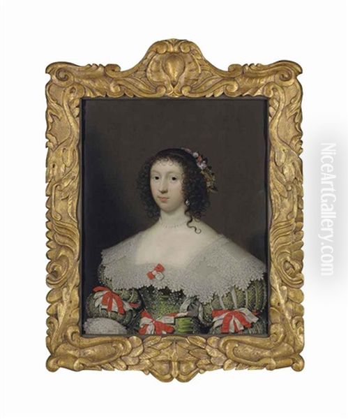 Portrait Of Elizabeth Campion (1614-1673), Half-length, In A Green Embroidered Dress With A Lace Collar And Red And White Bows Oil Painting by Cornelis Jonson Van Ceulen