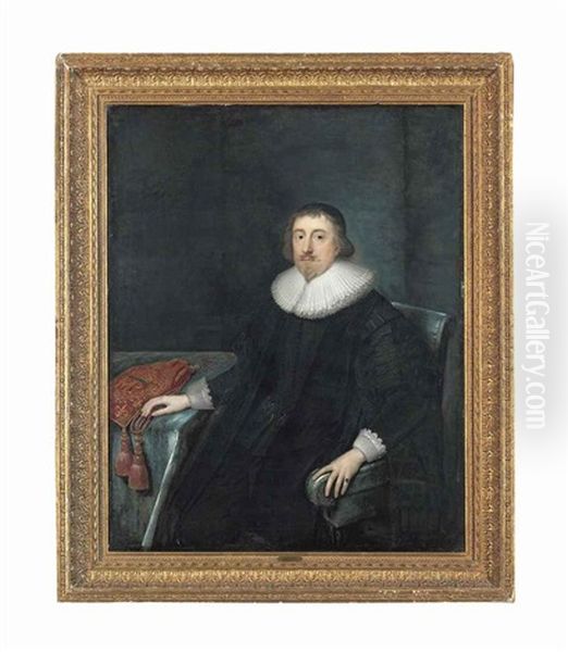 Portrait Of Sir Thomas Savage, 1st Viscount Savage (1589-1635), Three-quarter-length, Seated, In His Robes Of Office As Lord Chancellor... Oil Painting by Cornelis Jonson Van Ceulen