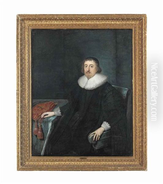 Portrait Of A Gentleman, Three-quarter-length, In A Black Tunic And Cape, White Ruff And Cuffs, His Right Hand Resting On An Embroidered Purse On A Table Oil Painting by Cornelis Jonson Van Ceulen