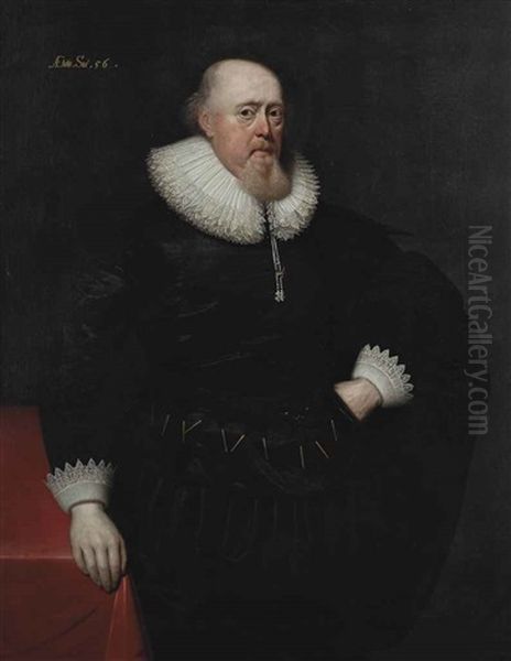 Portrait Of A Gentleman, Three-quarter-length, In A Black Coat With A Lace Ruff And Cuffs, Standing Beside A Table Oil Painting by Cornelis Jonson Van Ceulen