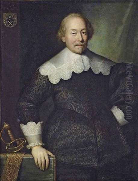 Portrait Of A Member Of The Hoeufft Family, Possibly Arnold Hoeufft, Of Cologne, In A Black Doublet With Lace-edged Collar And Cuffs, His Right Hand On A Table With His Sword Oil Painting by Cornelis Jonson Van Ceulen