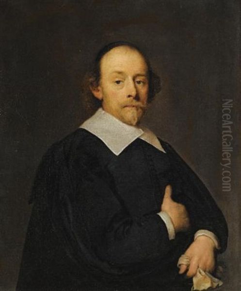 A Portrait Of A Man In Black, Holding A Pair Of Gloves (+ A Portrait Of A Woman, Wearing A Black Dress, An Ornate Lace Collar And Holding A Fan; Pair) Oil Painting by Cornelis Jonson Van Ceulen