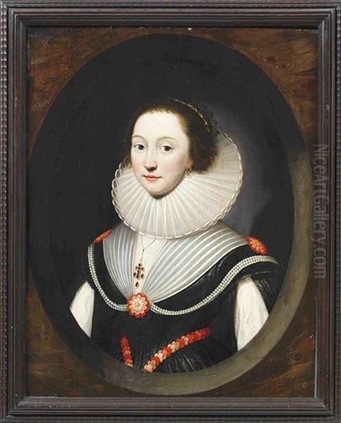 Portrait Of A Lady In A Black Dress And White Ruff And Jewelled Pendant Oil Painting by Cornelis Jonson Van Ceulen