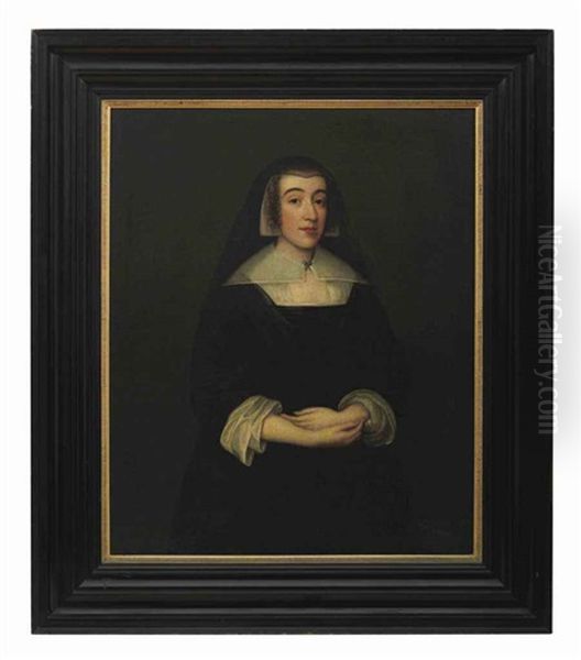 Portrait Of A Lady, Standing, Wearing A Black Dress With A White Collar And A Black Veil Oil Painting by Cornelis Jonson Van Ceulen