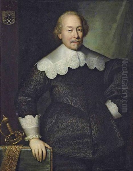 Portrait Of A Member Of The Hoeufft Family (possibly Arnold Hoeufft, Of Cologne?) In A Black Doublet With Lace-edged Collar And Cuffs, His Right... Oil Painting by Cornelis Jonson Van Ceulen