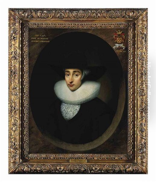 Portrait Of Maria Thielen In A Black Dress And Beaver Hat, A Ruff, Lace Cap And An Embroidered Partlet by Cornelis Jonson Van Ceulen