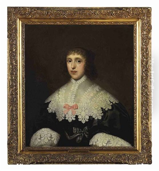 Portrait Of A Lady In A Black Dress With A Lace Collar And Cuffs Oil Painting by Cornelis Jonson Van Ceulen