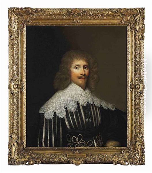 Portrait Of A Gentleman (of The Wilbraham Family?) In A Black Slashed Doublet With A Lace Collar Oil Painting by Cornelis Jonson Van Ceulen