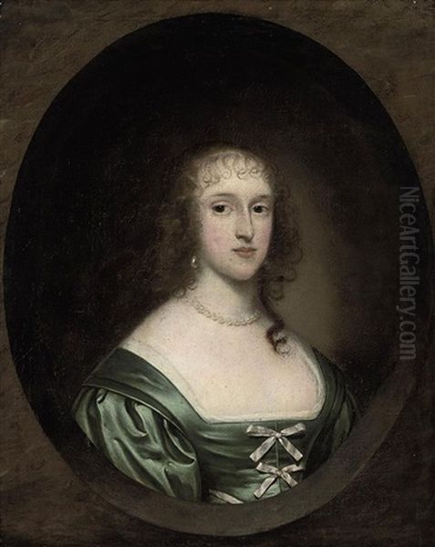 Portrait Of A Lady (lady Bowyer ?) In A Green Dress With Ribbons And A Pearl Necklace In A Sculpted Cartouche Oil Painting by Cornelis Jonson Van Ceulen