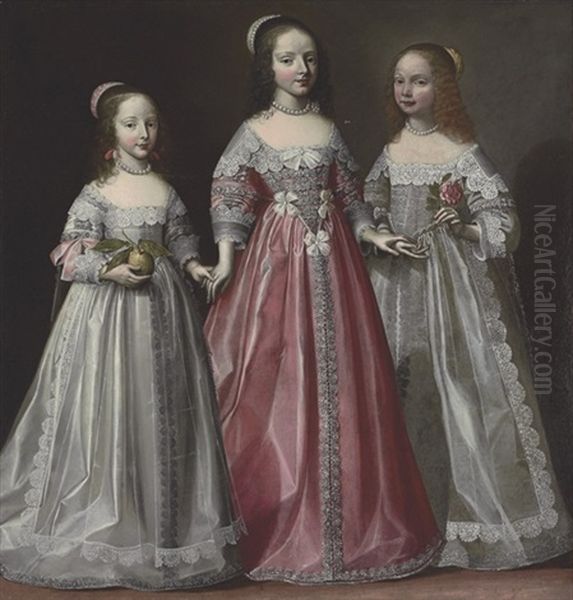 Portrait Of Three Girls, The Youngest Holding An Apple, The Middle Holding A Rose Oil Painting by Cornelis Jonson Van Ceulen