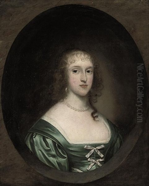 Portrait Of Lady Bowyer In A Green Dress With Ribbons And A Pearl Necklace Oil Painting by Cornelis Jonson Van Ceulen