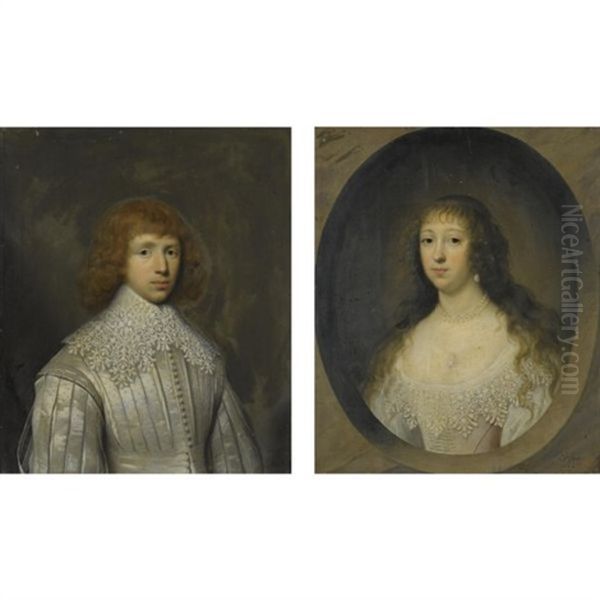 Portrait Of John Huxley (+ Portait Of Elizabeth Tryon; Pair) Oil Painting by Cornelis Jonson Van Ceulen