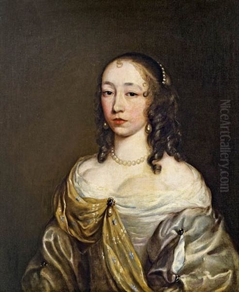 Portrat Einer Dame Mit Satinkleid, Seidenschal Und Perlenschmuck Oil Painting by Cornelis Jonson Van Ceulen