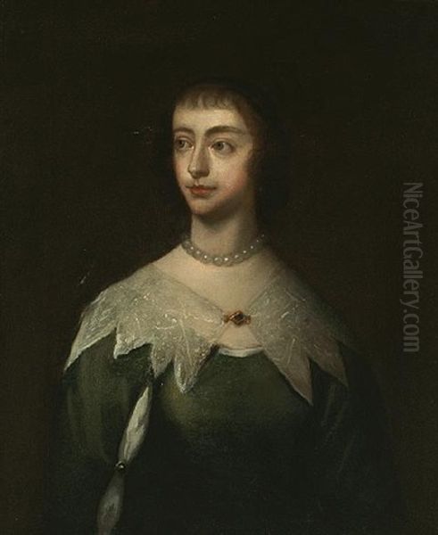 A Portrait Of A Lady Wearing A Green Dress With Slashed Sleeves And A Lace Collar Oil Painting by Cornelis Jonson Van Ceulen